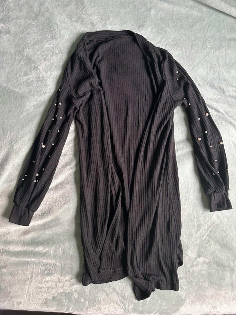 Black Ribbed Long Cardigan with Pearl Sleeve Detail